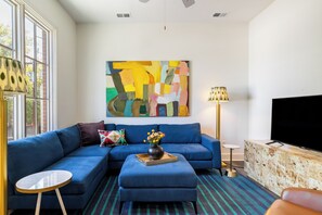 Cozy couch to lounge on after a long day out in Nashville.