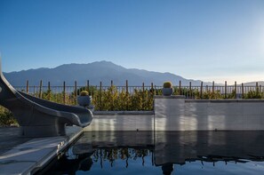 Backyard: pool + spa overlooking mountain views