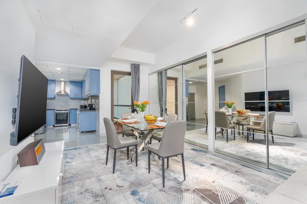 The open-plan living, kitchen and dining area