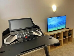 Workout area within the recreational room in the basement 