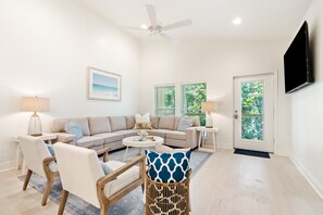 Abundant natural light fills the space, creating a bright and airy atmosphere.