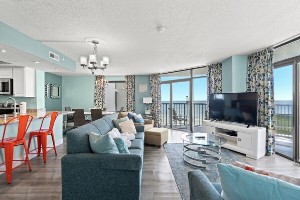 The ocean view living room is fabulous for movie night with the family.