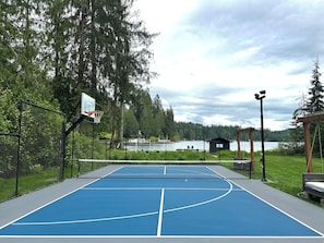 Full pickleball court and half basketball.