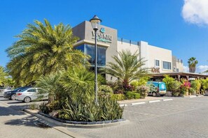 Exterior of the 2 story building with famous OAK restaurant right in the building.