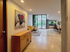 Enter into an open-concept living space
