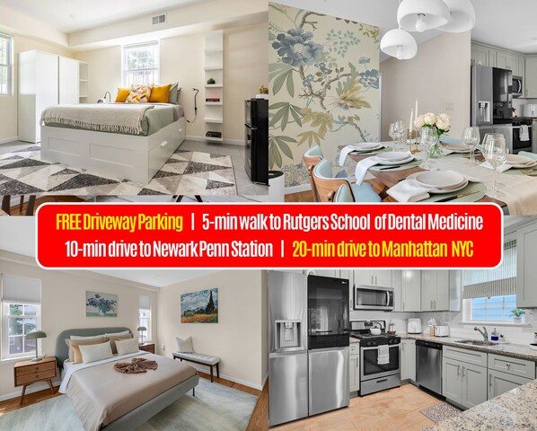 FREE Driveway Parking    |    5-min walk to Rutgers School  of Dental Medicine 
10-min drive to Newark Penn Station    |    20-min drive to Manhattan NYC