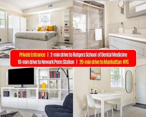 Private Entrance   |    5-min walk to Rutgers School  of Dental Medicine 
10-min drive to Newark Penn Station    |    20-min drive to Manhattan NYC