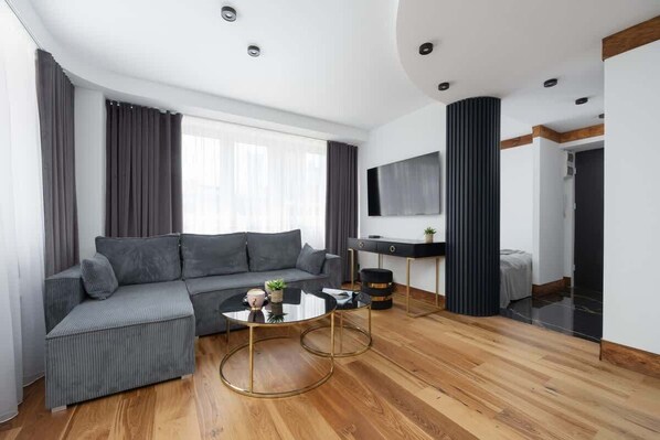 Living area with double sofa bed.