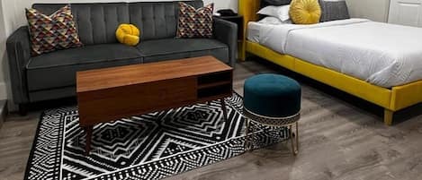 Queen bed and sofa bed.