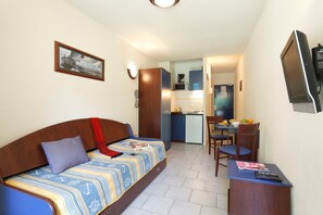 Your studio will have either a sofa bed, a trundle bed, or a Double bed.
