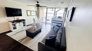 Living room looking out into the marina. 