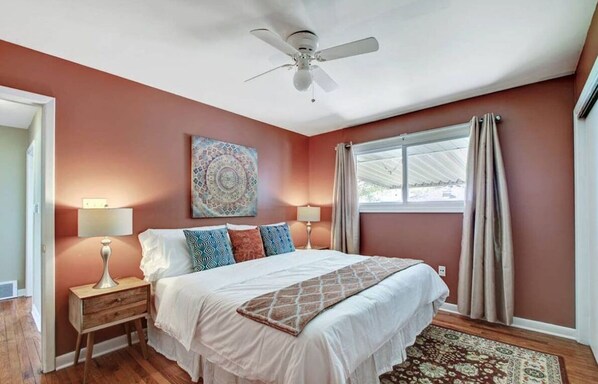 Wake up in the bedroom of your dreams with natural light, cool air, and high-quality linens.