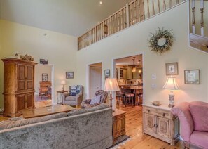 Great Room and Loft looking toward Main Level Queen Bedroom and Kitchen

