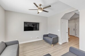 Indoors, Screen, Ceiling Fan, Architecture, Building