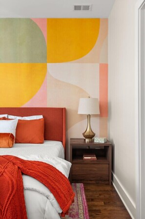 Spacious bedroom with stylish decor and all the comforts of home.