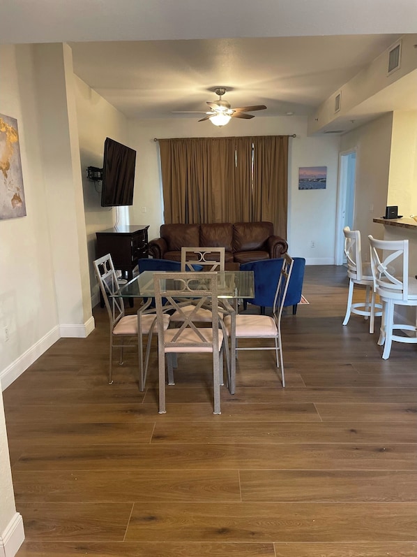 Full view of dining and living room.