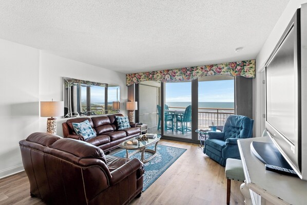 The ocean front living room is fabulous for movie night with the family.