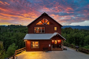 Birds-eye view of our 3-level cabin at dusk.
