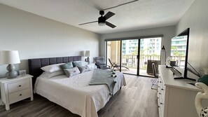Masters Bedroom has a king-size bed,ceiling fan,desk & chair,closet,ensuite bath