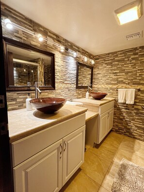 Remodeled bathroom with double sinks
