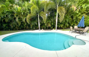 Private heated pool. Safety fence available. 