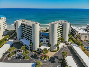 Ebb Tide aerial view with the beautiful Atlantic Ocean for a backdrop. The condo is located in the South building