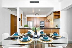 Share sumptuous meals with the family in this sophisticated dining area