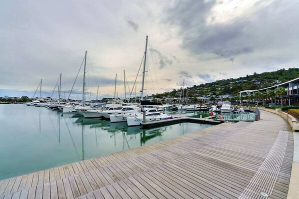You are just a few steps off the marina boardwalk, which takes you to Safety Beach