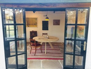 view through double door to kitchen