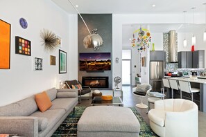 Curl up by the romantic fireplace to enjoy your favorite movies & shows