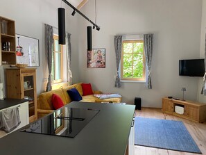 View from kitchen onto living area.