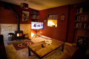 TV lounge with wood burning stove.