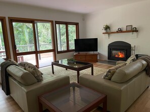 Lounge with log fireplace