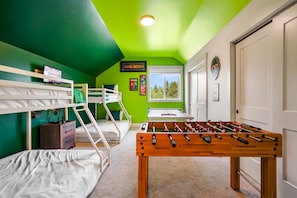 Gameroom with Foosball, Ping Pong, Atari Videogames and Bunkbeds