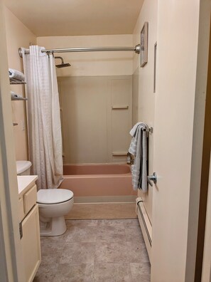 Bathroom is shower/tub combo.  Equipped with essential amenities.