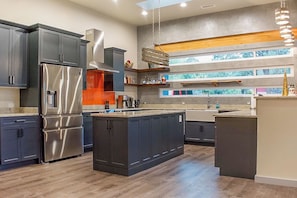 Fully stocked chefs kitchen, we provide spices, oil, and cooking utensils