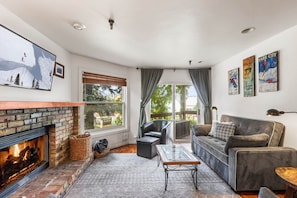 Living room: Wood-burning fireplace, sofa and TV