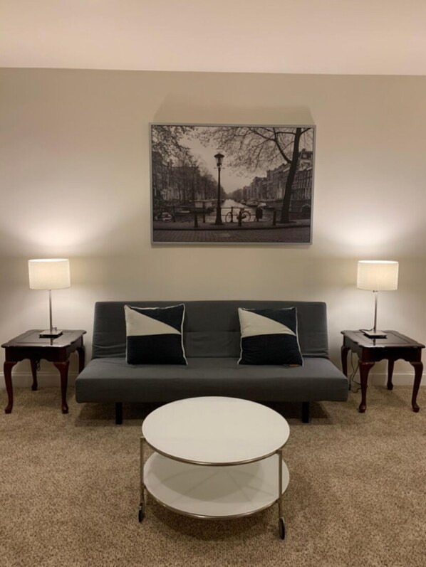 Living area with a queen size bed in it.