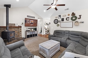 Livingroom- Smart TV, Games, and Fireplace. 
