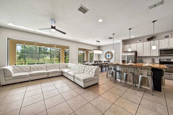 Living, dining, and kitchen area