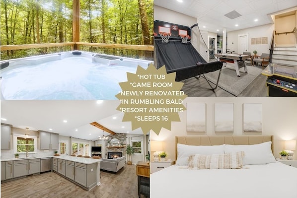 Let us host you in our luxurious mountain retreat! This spacious, newly renovated cabin with the gates of Rumbling Bald Resort offers resort amenities (included with your stay), a private hot tub, and a fully-equipped game room. With a modern kitchen, cozy living spaces, and accommodations for up to 16 guests, it's perfect for family gatherings or group getaways.