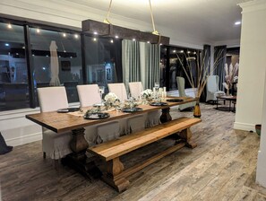 9ft dining table seats up to 10 guests. 