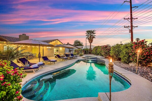 Sparkling pool, hot tub, desert view