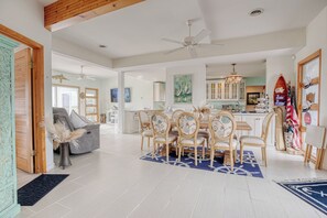 Open wooden dining room table sits 8 people comfortable. (1)