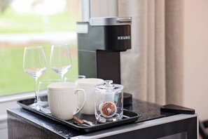 Mini fridge + mini Keurig with coffee