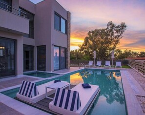 Dazzling Halkidiki Villa | Villa Lothíriel | 3 Bedrooms | Spacious Furnished Sun Terrace | Private Outdoor Pool and Hot Tub | BBQ Facilities and Shaded Outdoor Dining Area |  Pefkohori