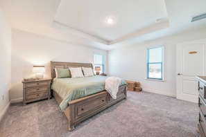 The master bedroom is located on the second floor and features a king bed with fresh linens