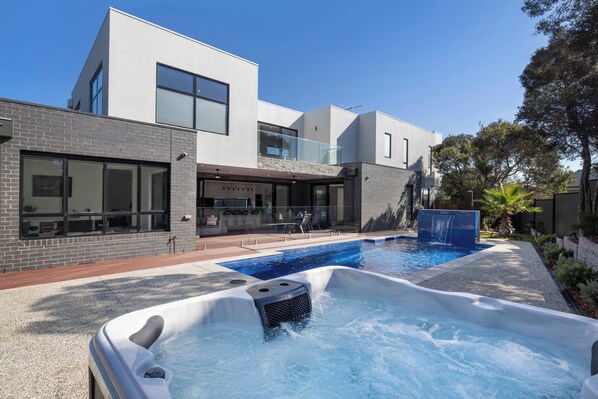 Backyard with Pool, Spa, Firepit and outdoor deck 