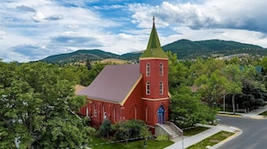 A striking aerial shot of the property