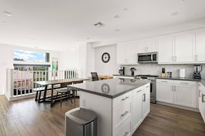 Table, bar seating, dedicated workspace